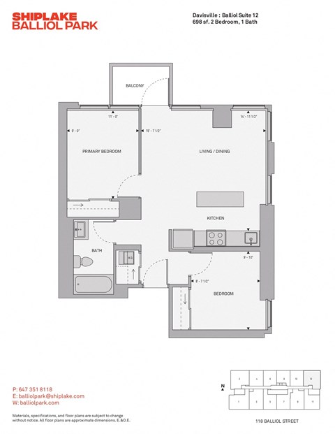 Floor plan for 2 beds, 1 bath, 698 sqft